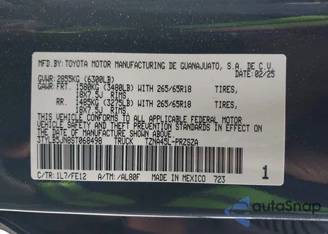 2025 Toyota Tacoma Sr5 4Wd z USA, uszkodzony, nr VIN 3TYLB5JN8ST068498